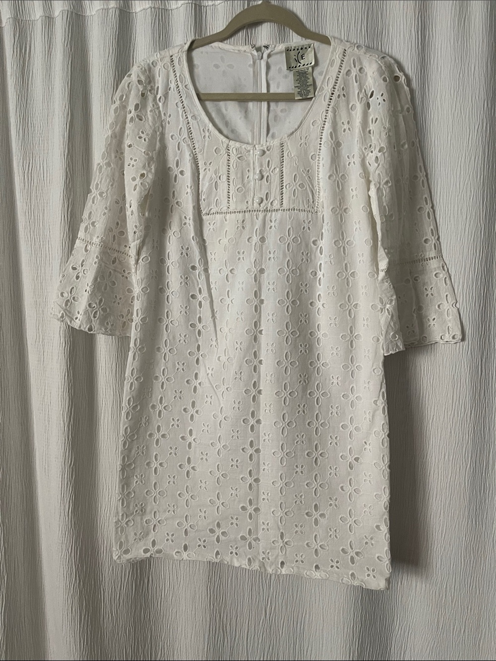 White Eyelet Mini Dress with Scoop Neck and Bell Sleeves